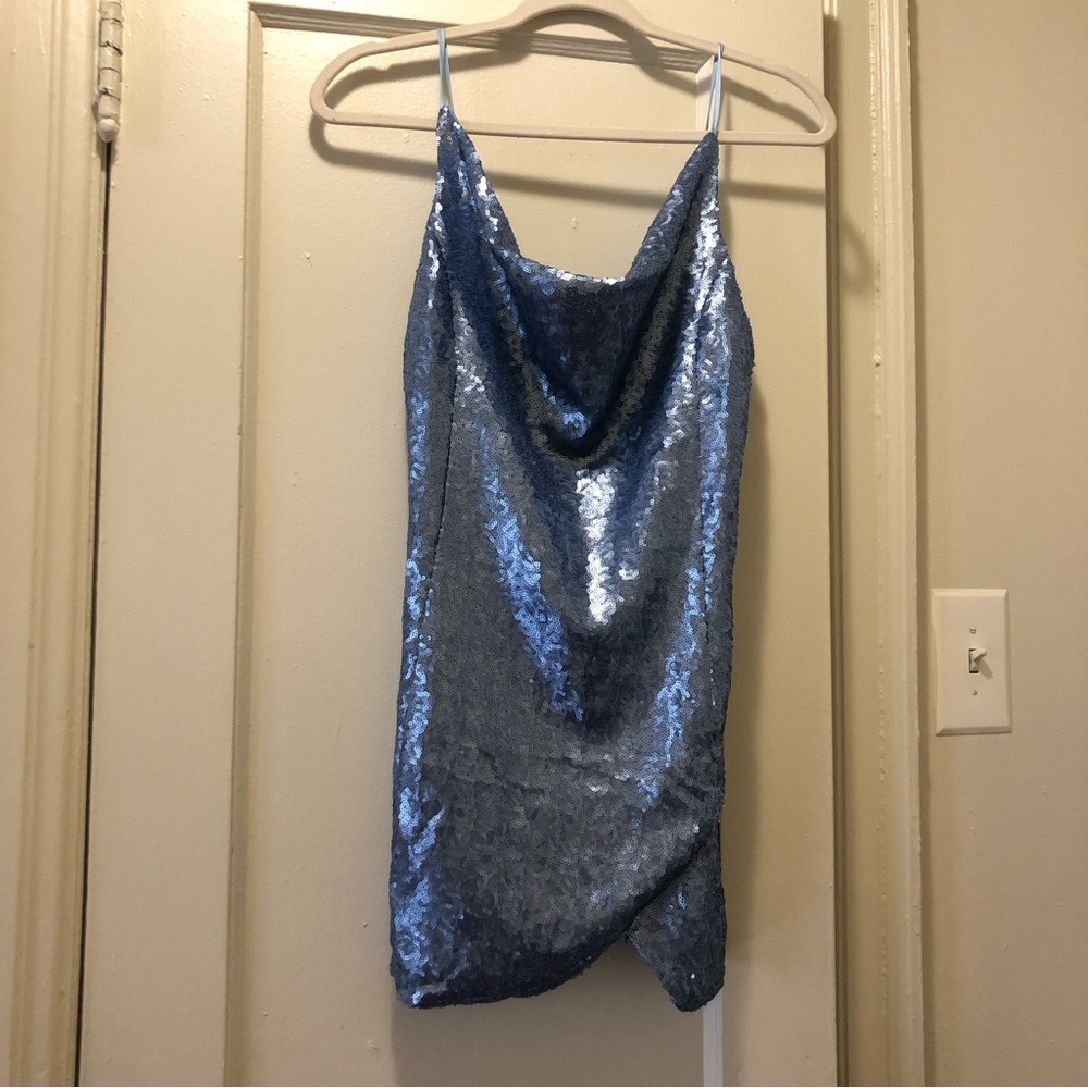 UO A-list Sequin Cowl Neck Mini Dress Light Blue
